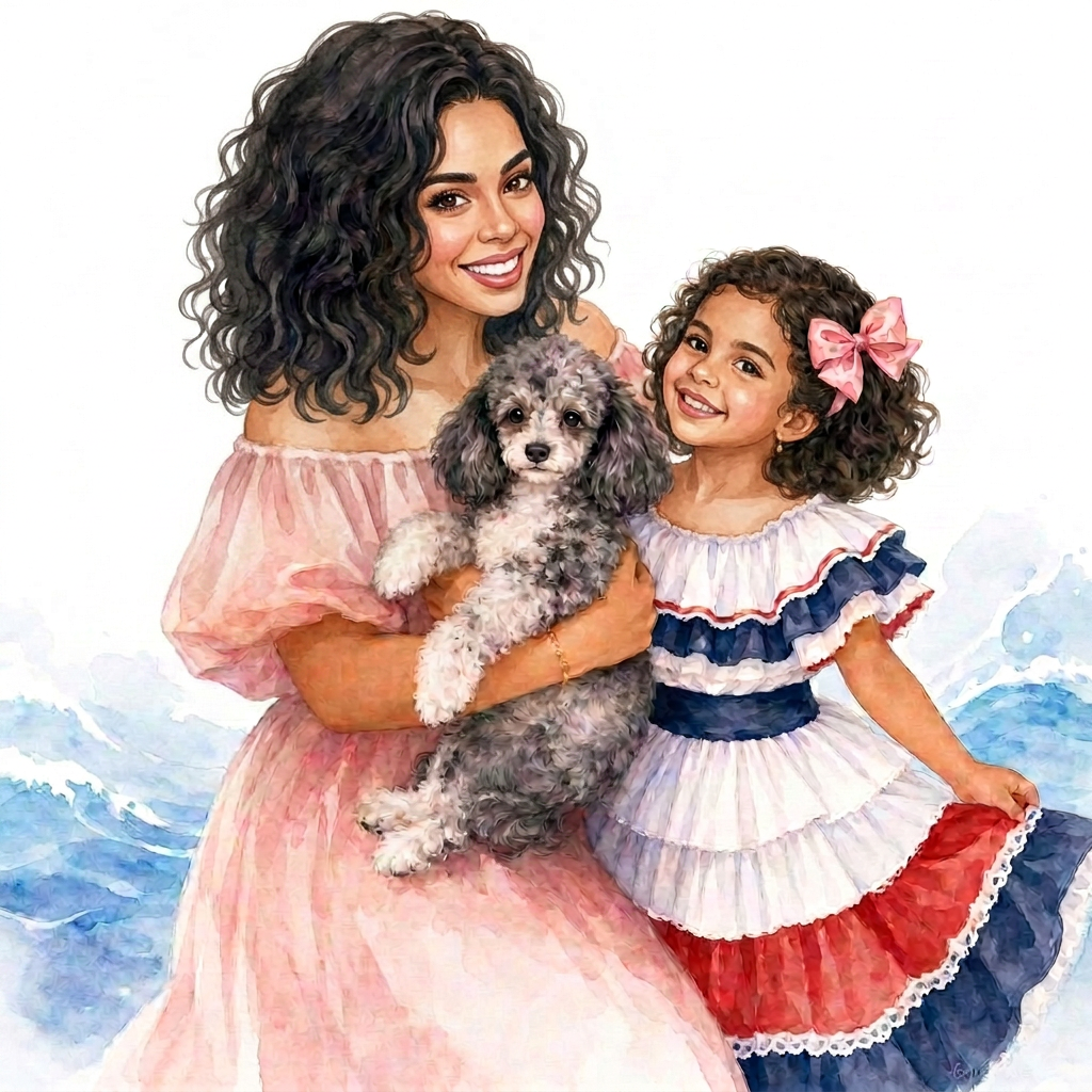 Soft watercolor portrait of a mother and young daughter standing together with their merle miniature poodle, painted in blush, lavender, and cream tones.